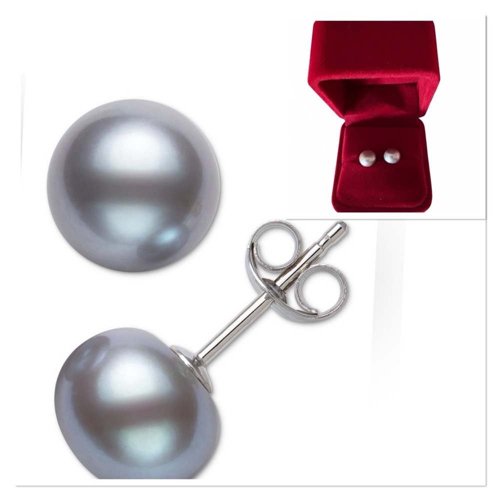 Elegant Cultured Freshwater Button Pearl (8-9mm) Stud  | Grey | GREAT GIFT 🎁 🎁